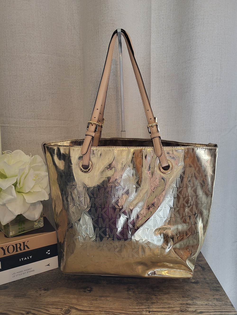 Michael Kors MK Gold Metallic Tote Bag